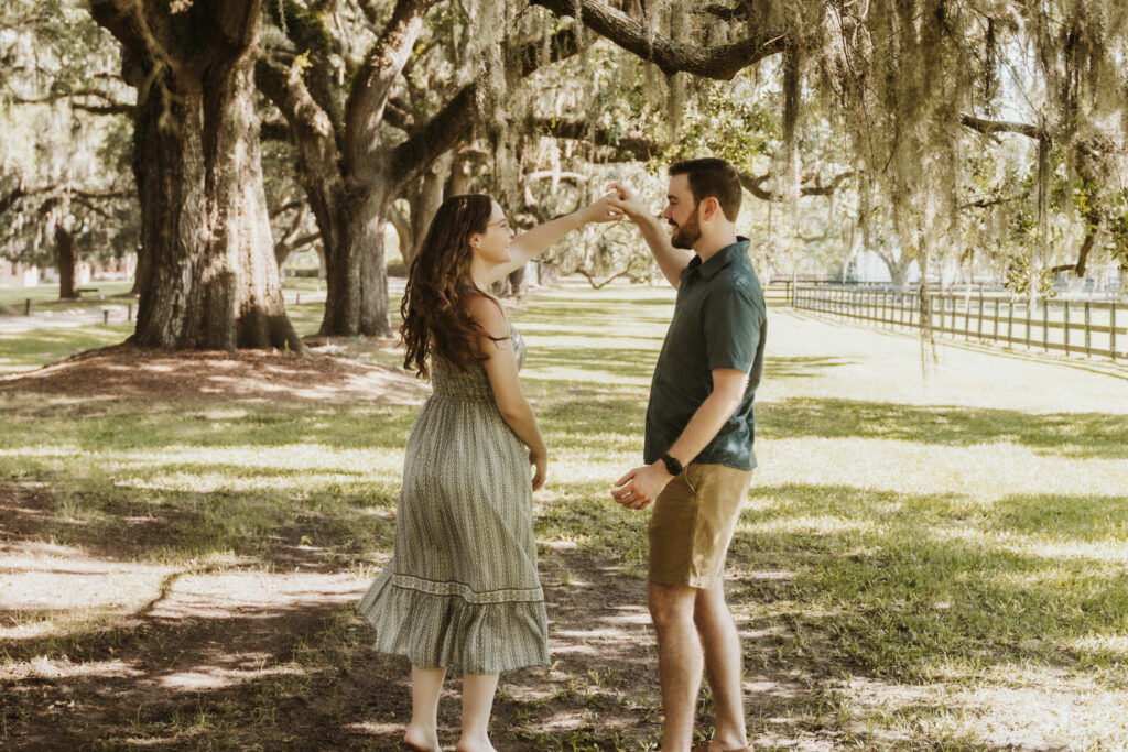 Charleston engagement photographer capturing Boone Hall couple
